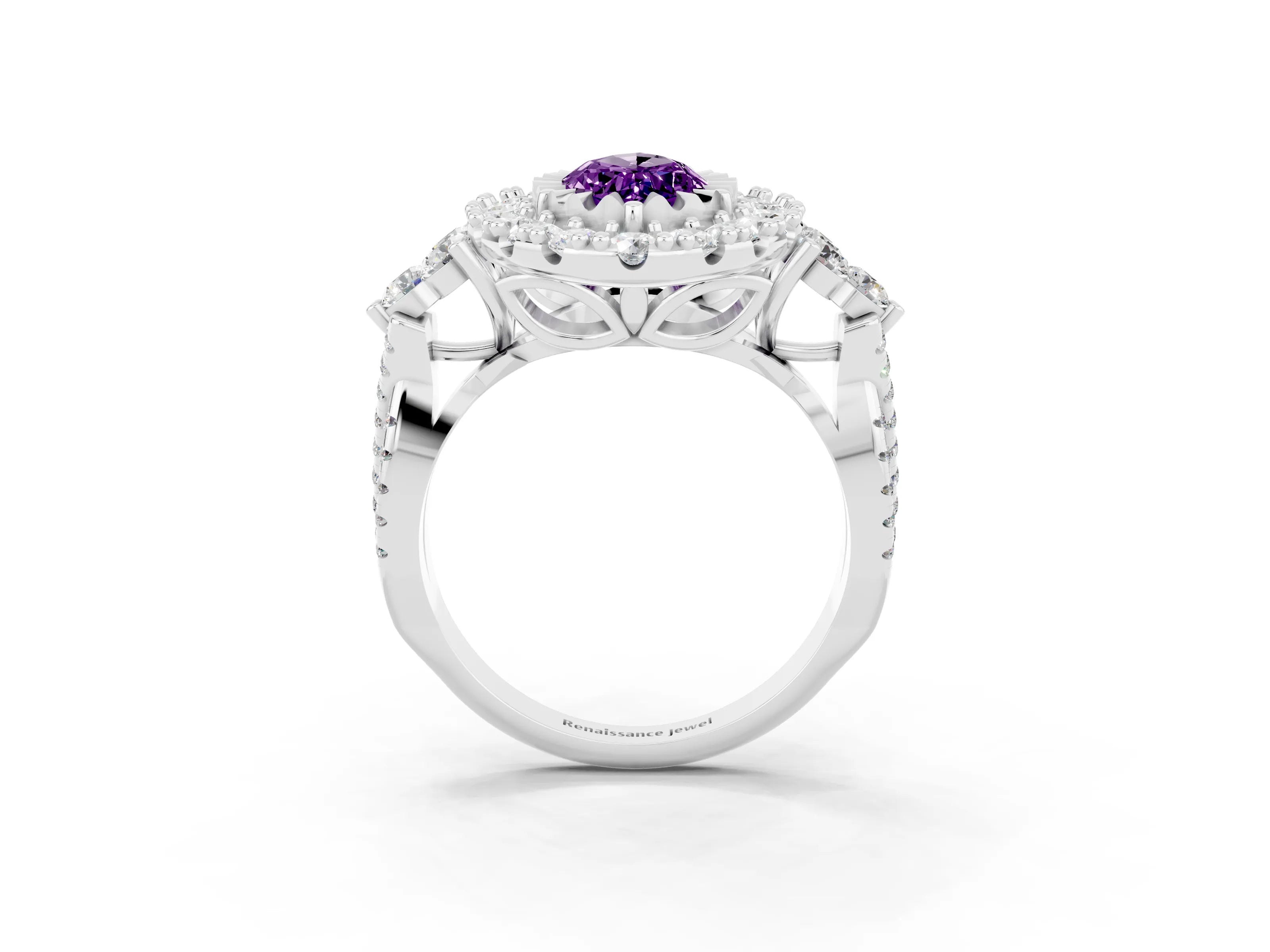 White gold Marquise Cut Amethyst Halo Ring with Pavé Band and Four-Prong Setting_15
