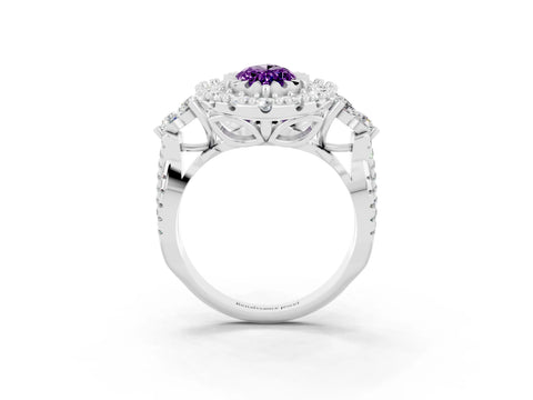 White gold Marquise Cut Amethyst Halo Ring with Pavé Band and Four-Prong Setting_15