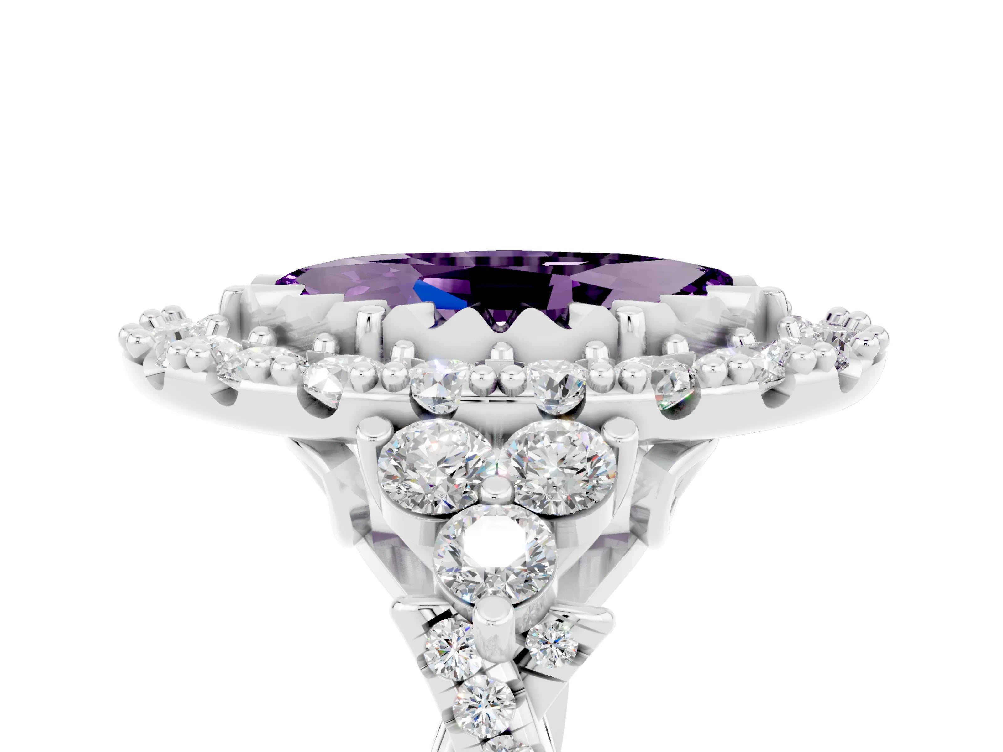 White gold Marquise Cut Amethyst Halo Ring with Pavé Band and Four-Prong Setting_17