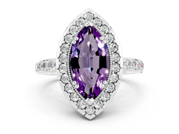 Platinum Marquise Cut Amethyst Halo Ring with Pavé Band and Prong Setting