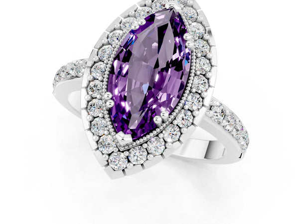 Platinum Marquise Cut Amethyst Halo Ring with Pavé Band and Prong Setting