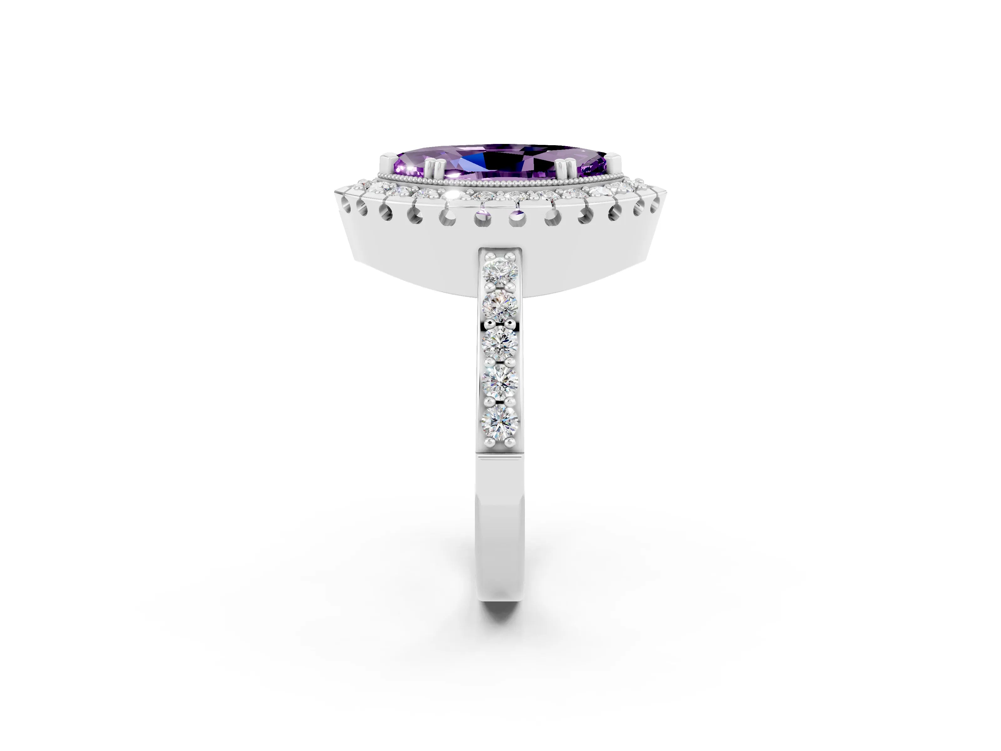 White gold Marquise Cut Amethyst Halo Ring with Pavé Band and Prong Setting_2