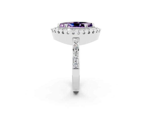 White gold Marquise Cut Amethyst Halo Ring with Pavé Band and Prong Setting