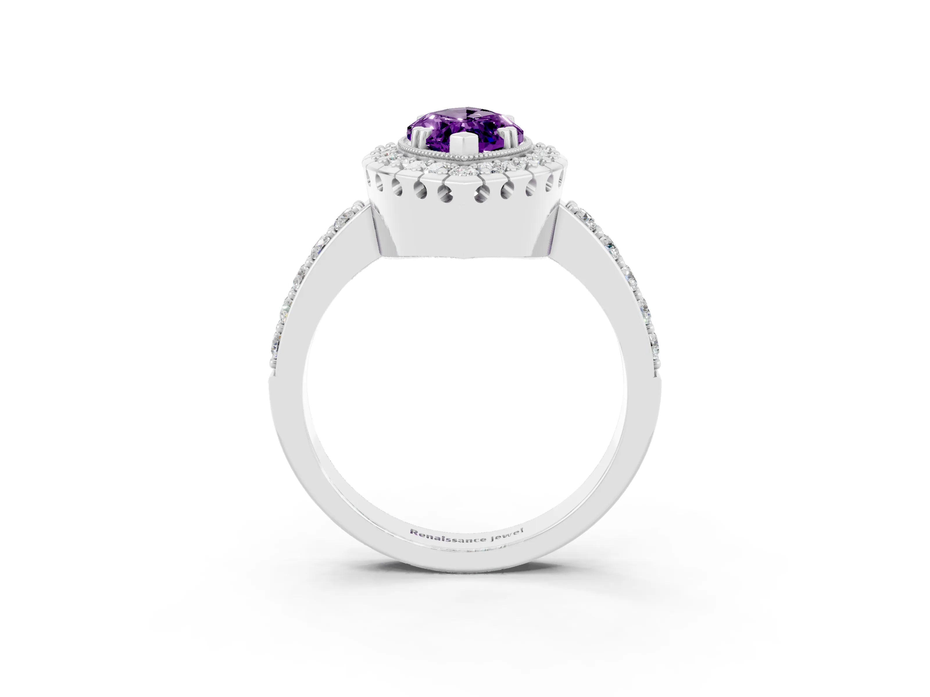 White gold Marquise Cut Amethyst Halo Ring with Pavé Band and Prong Setting_3