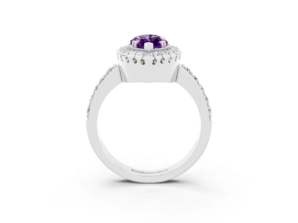 Silver Marquise Cut Amethyst Halo Ring with Pavé Band and Prong Setting