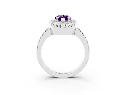 White gold Marquise Cut Amethyst Halo Ring with Pavé Band and Prong Setting_3