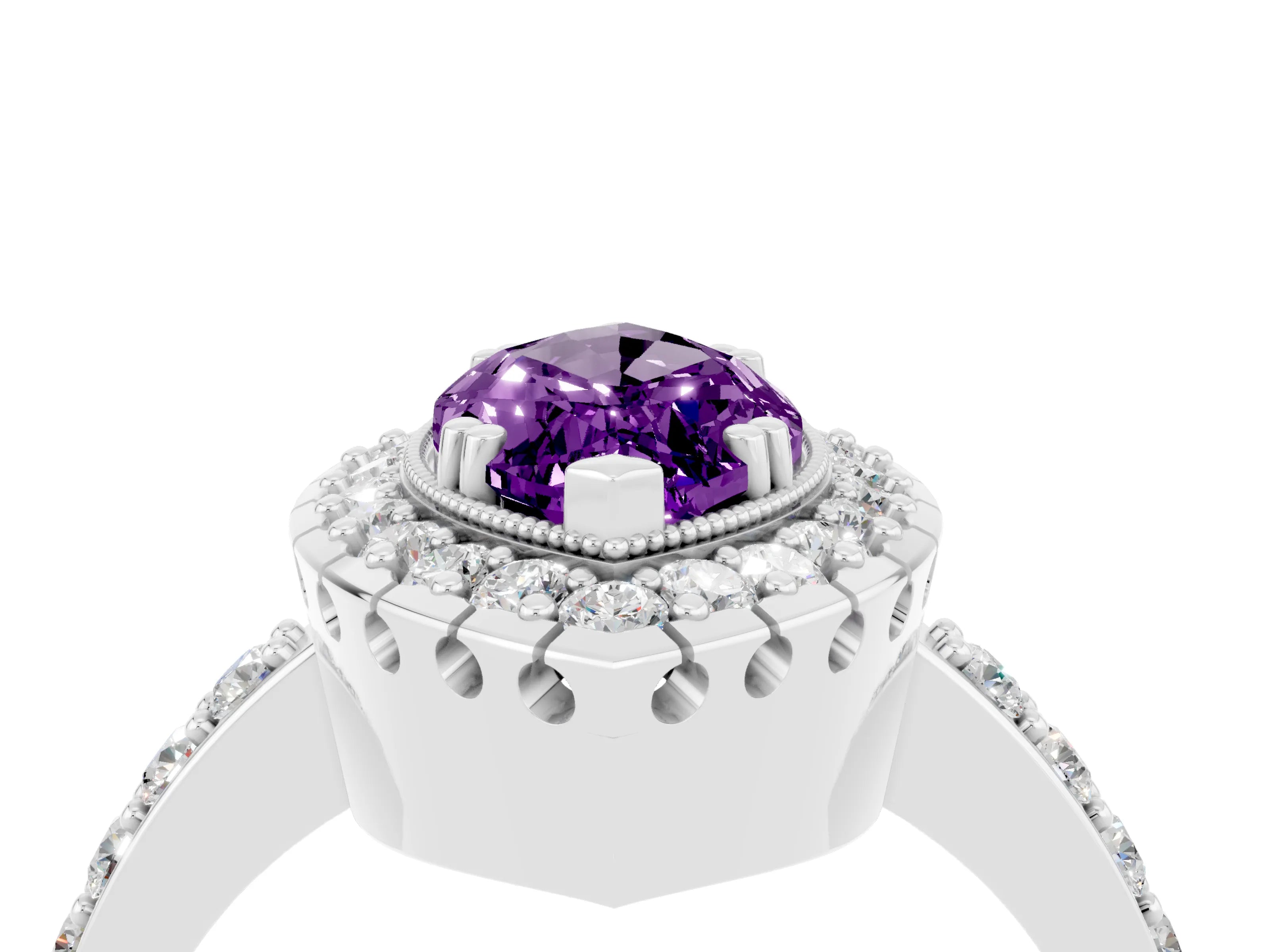 White gold Marquise Cut Amethyst Halo Ring with Pavé Band and Prong Setting_4