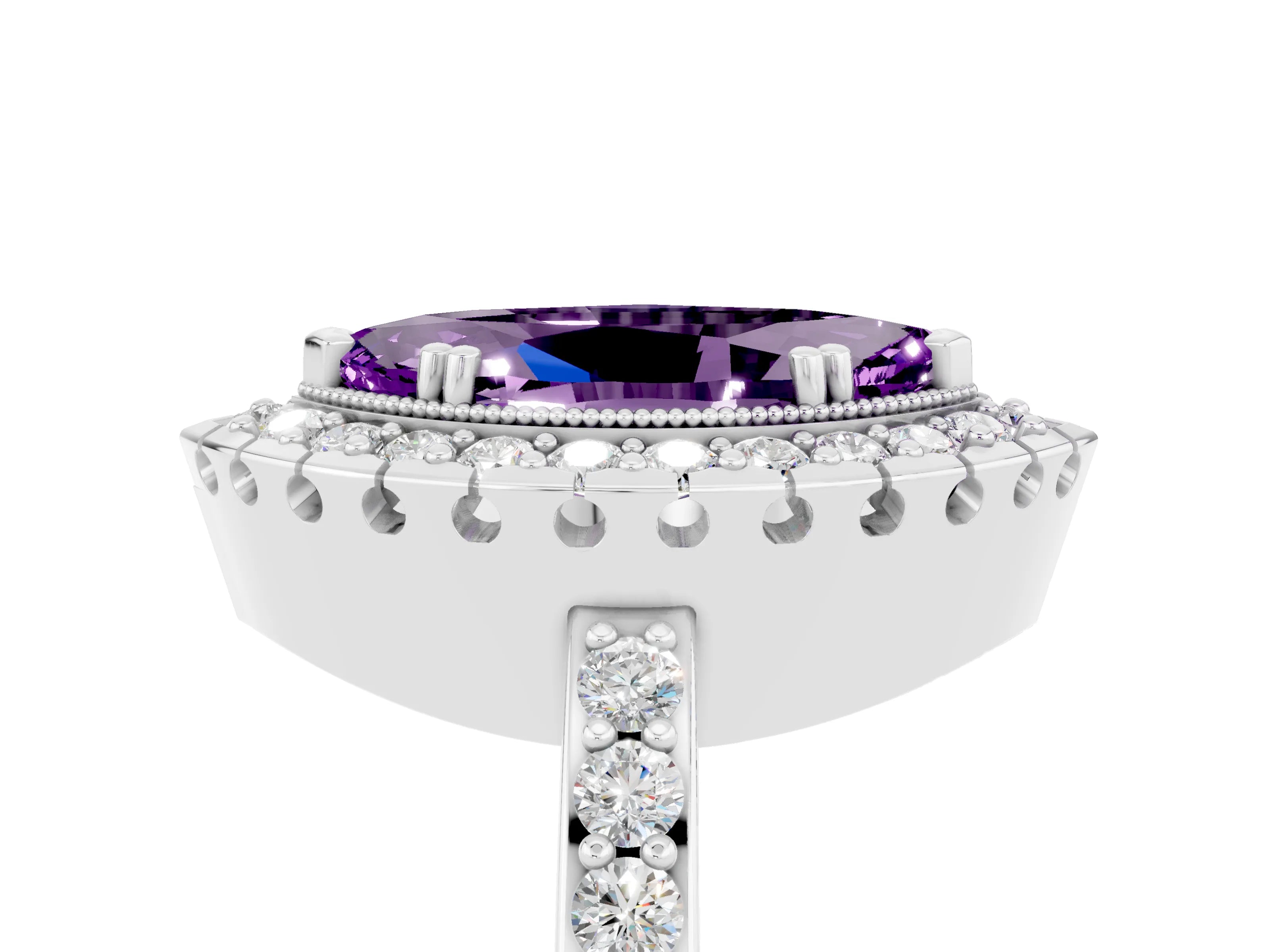 White gold Marquise Cut Amethyst Halo Ring with Pavé Band and Prong Setting_5