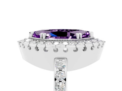 White gold Marquise Cut Amethyst Halo Ring with Pavé Band and Prong Setting_5