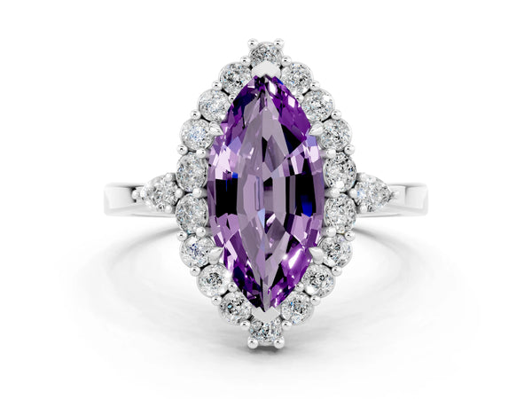 Platinum Marquise Cut Amethyst Halo Ring with Pear Side Stones and Prong Setting