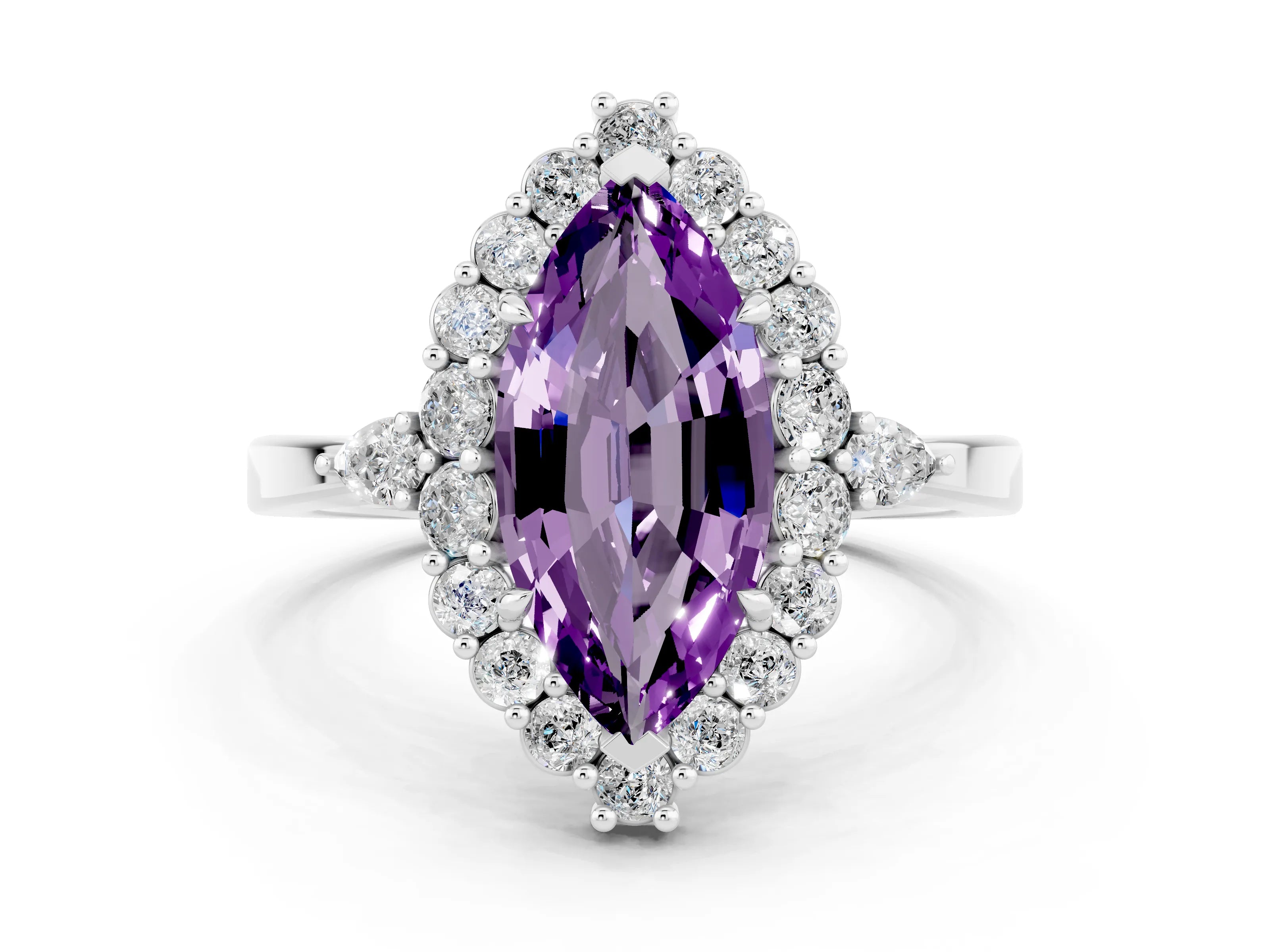 White gold Marquise Cut Amethyst Halo Ring with Pear Side Stones and Prong Setting_48