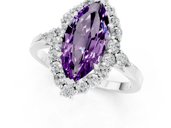 Platinum Marquise Cut Amethyst Halo Ring with Pear Side Stones and Prong Setting