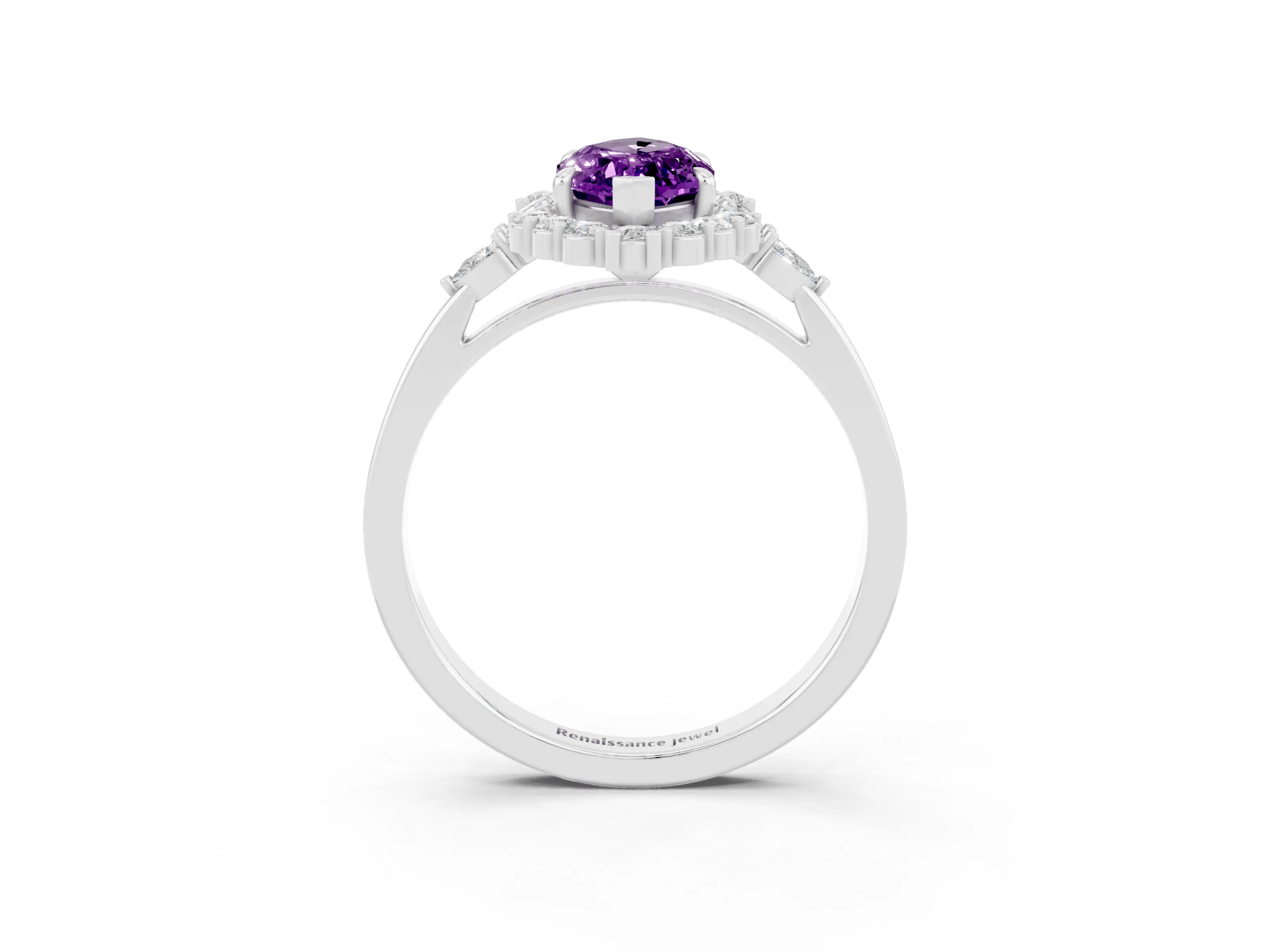 White gold Marquise Cut Amethyst Halo Ring with Pear Side Stones and Prong Setting_51