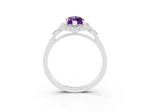 White gold Marquise Cut Amethyst Halo Ring with Pear Side Stones and Prong Setting_51