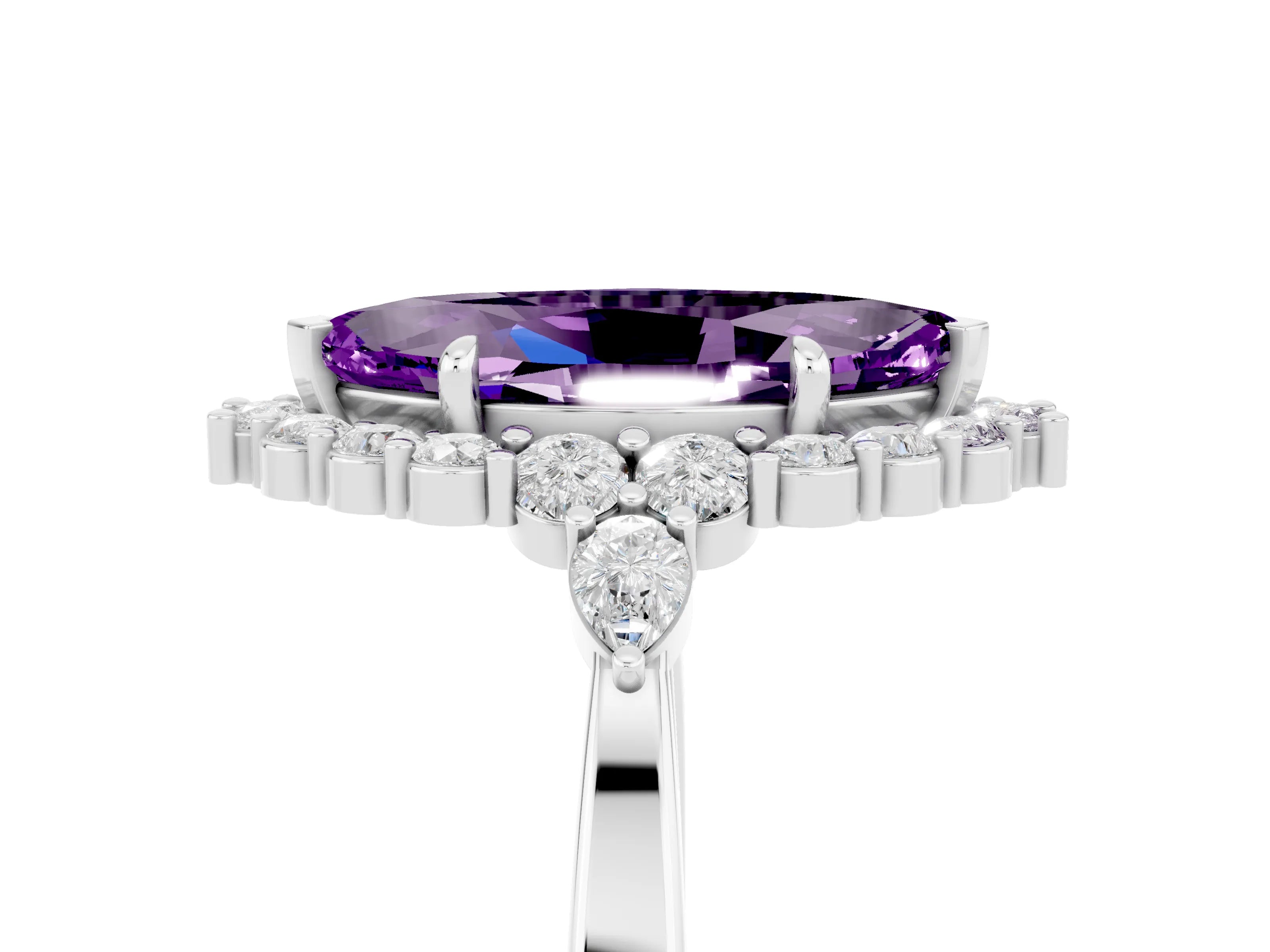 White gold Marquise Cut Amethyst Halo Ring with Pear Side Stones and Prong Setting_53
