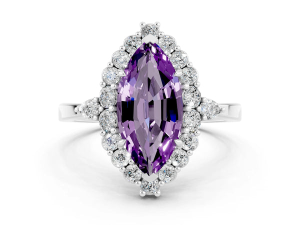 White gold Marquise Cut Amethyst Halo Ring with Pear Side Stones and Prong Setting