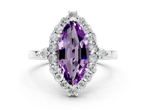 White gold Marquise Cut Amethyst Halo Ring with Pear Side Stones and Prong Setting_60