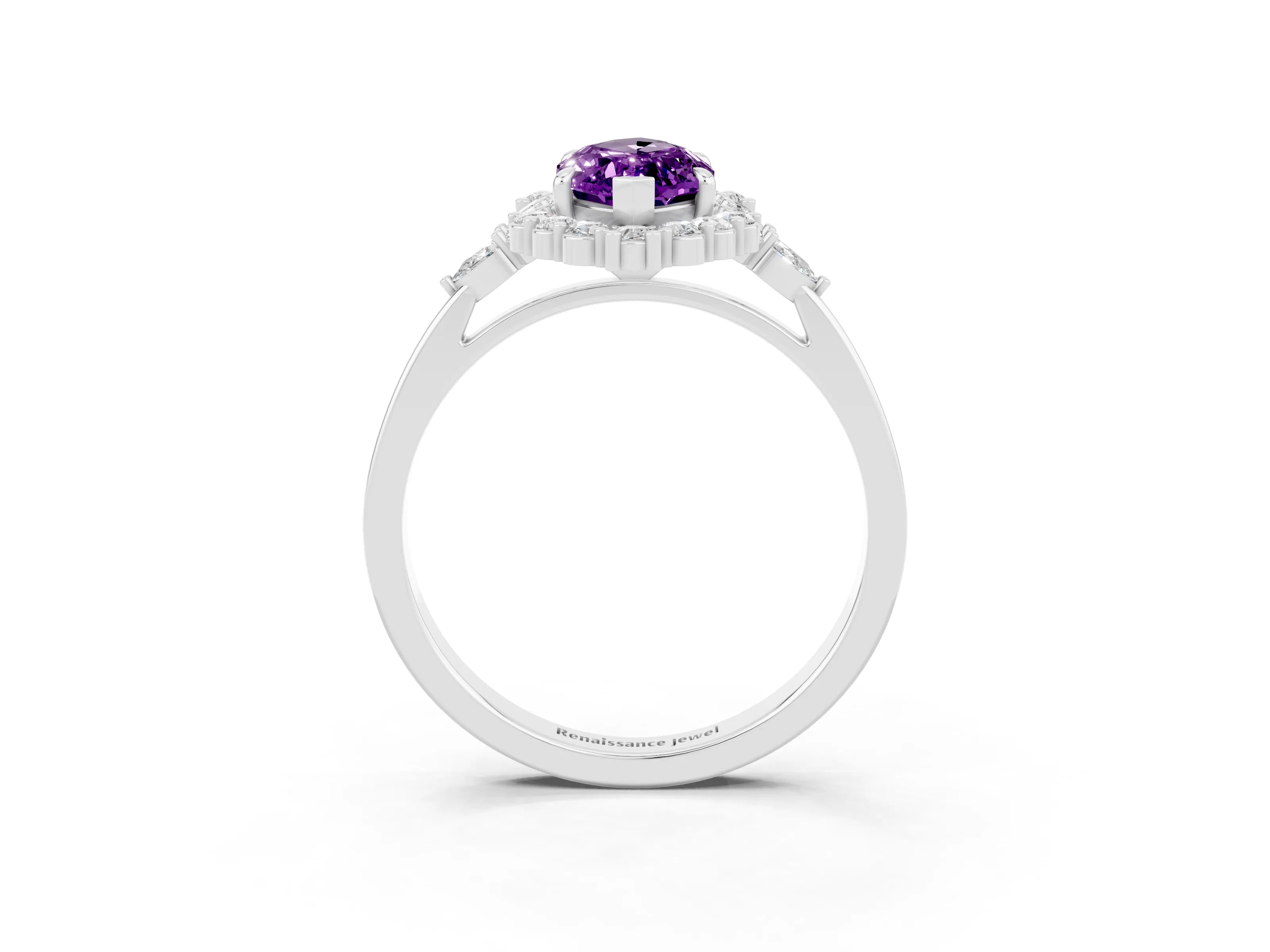 White gold Marquise Cut Amethyst Halo Ring with Pear Side Stones and Prong Setting_63