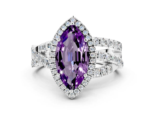 Platinum Marquise Cut Amethyst Halo Ring with Round Split Shank and Prong Setting