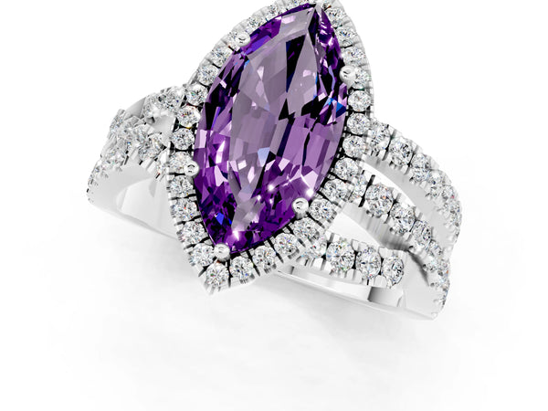 Platinum Marquise Cut Amethyst Halo Ring with Round Split Shank and Prong Setting