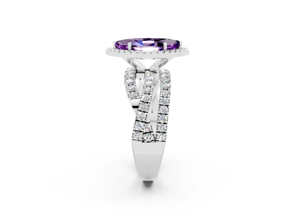Platinum Marquise Cut Amethyst Halo Ring with Round Split Shank and Prong Setting