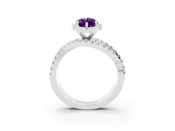 White gold Marquise Cut Amethyst Halo Ring with Round Split Shank and Prong Setting