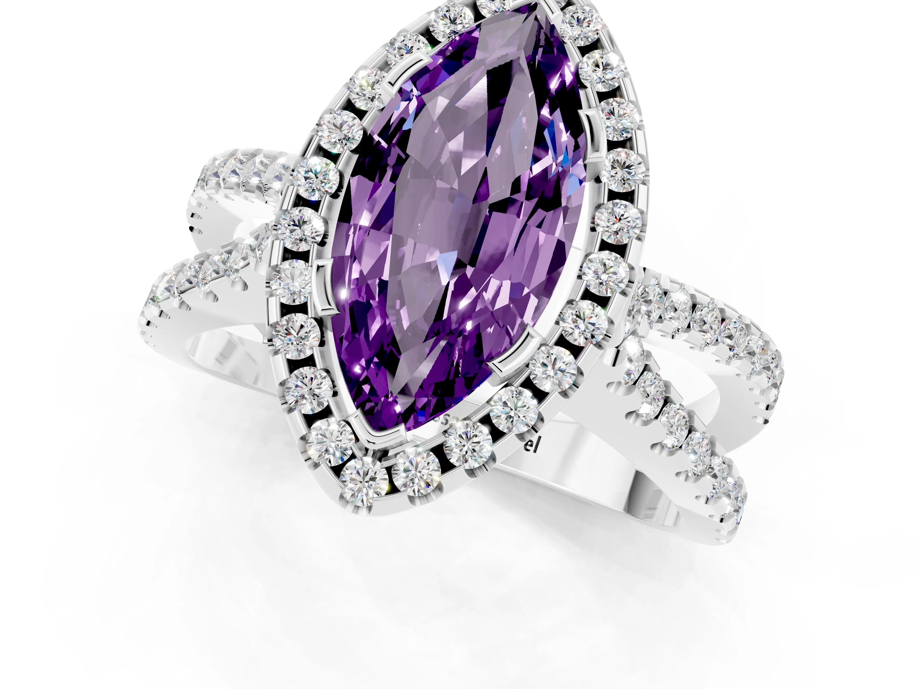 White gold Marquise Cut Amethyst Halo Ring with Split Shank Pavé Band and Prong Setting_1