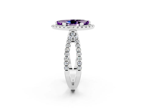 White gold Marquise Cut Amethyst Halo Ring with Split Shank Pavé Band and Prong Setting_2