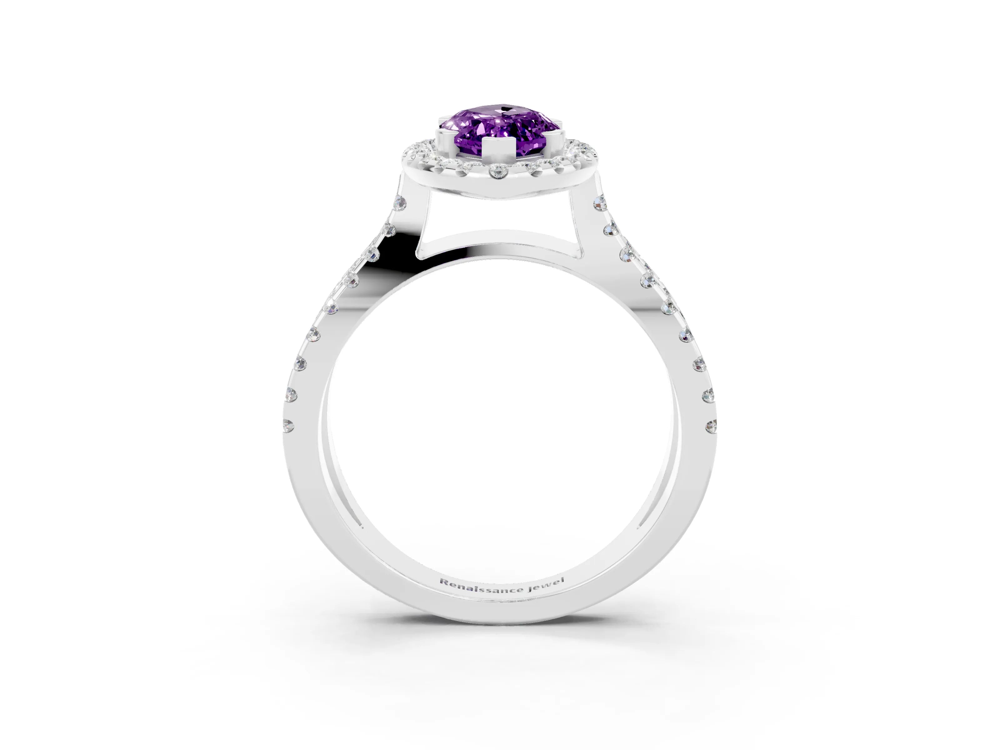 White gold Marquise Cut Amethyst Halo Ring with Split Shank Pavé Band and Prong Setting_3