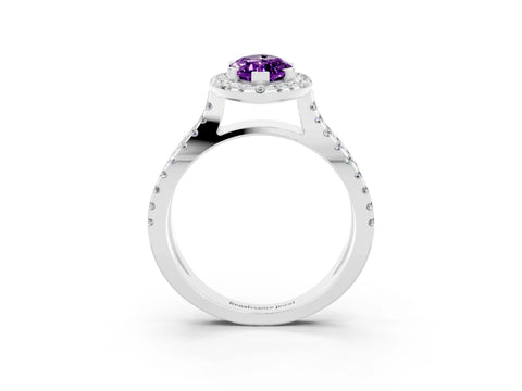 White gold Marquise Cut Amethyst Halo Ring with Split Shank Pavé Band and Prong Setting_3