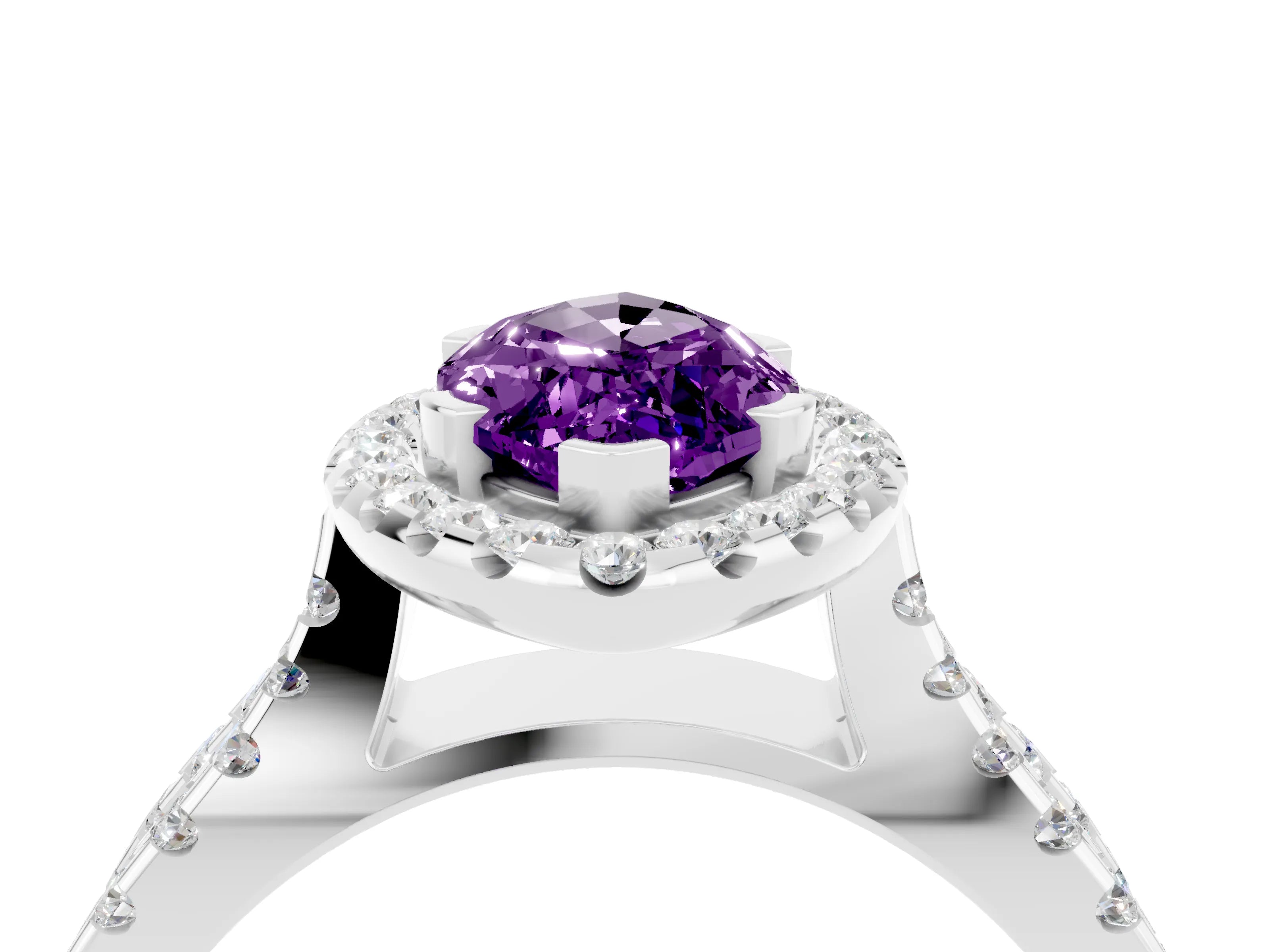 White gold Marquise Cut Amethyst Halo Ring with Split Shank Pavé Band and Prong Setting_4