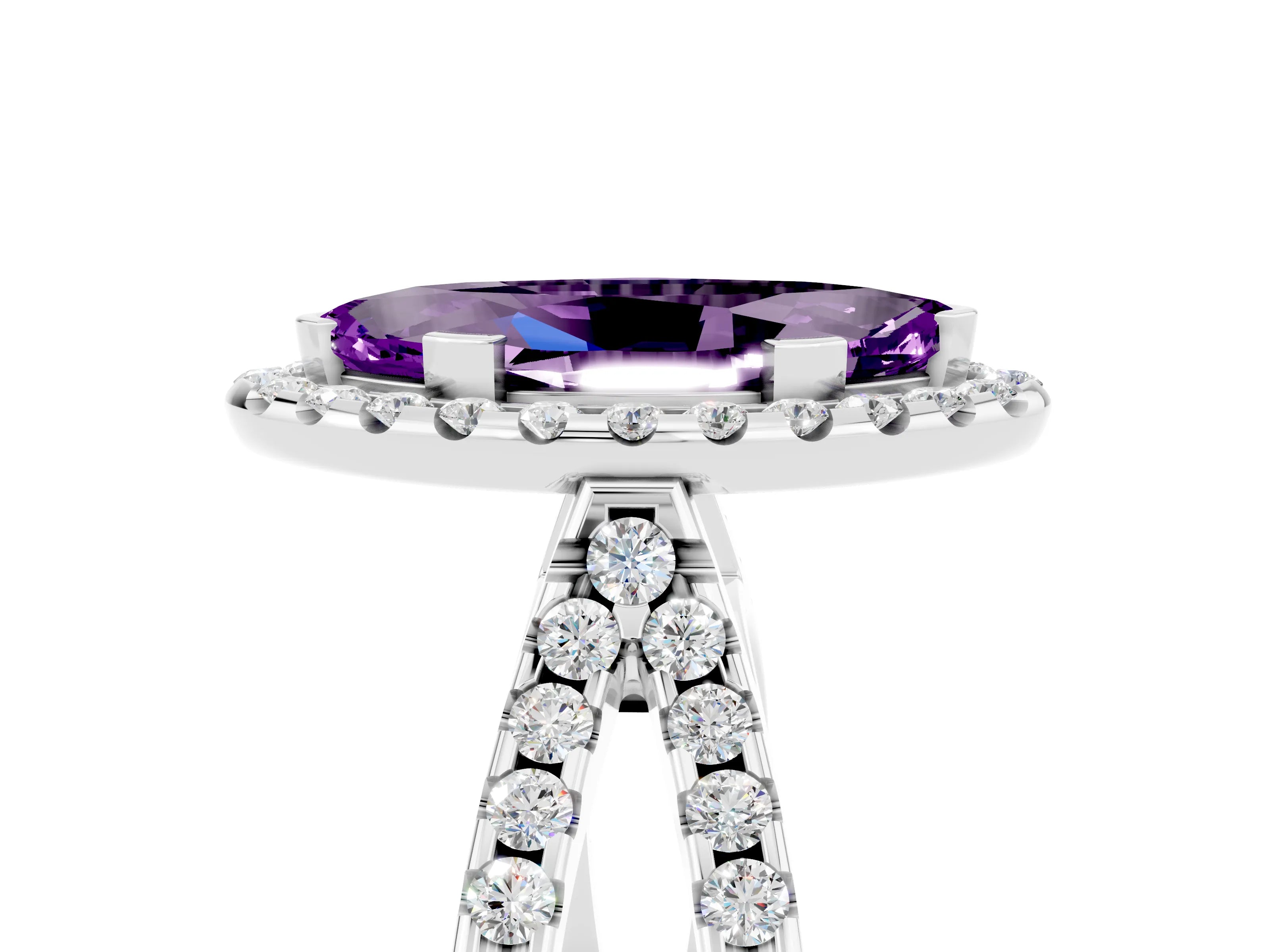 White gold Marquise Cut Amethyst Halo Ring with Split Shank Pavé Band and Prong Setting_5