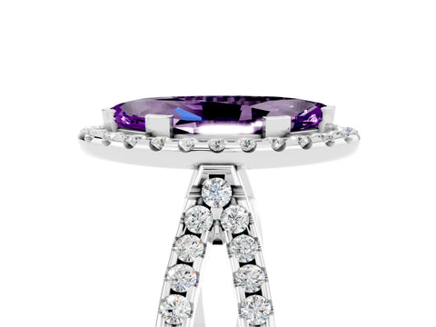 White gold Marquise Cut Amethyst Halo Ring with Split Shank Pavé Band and Prong Setting_5