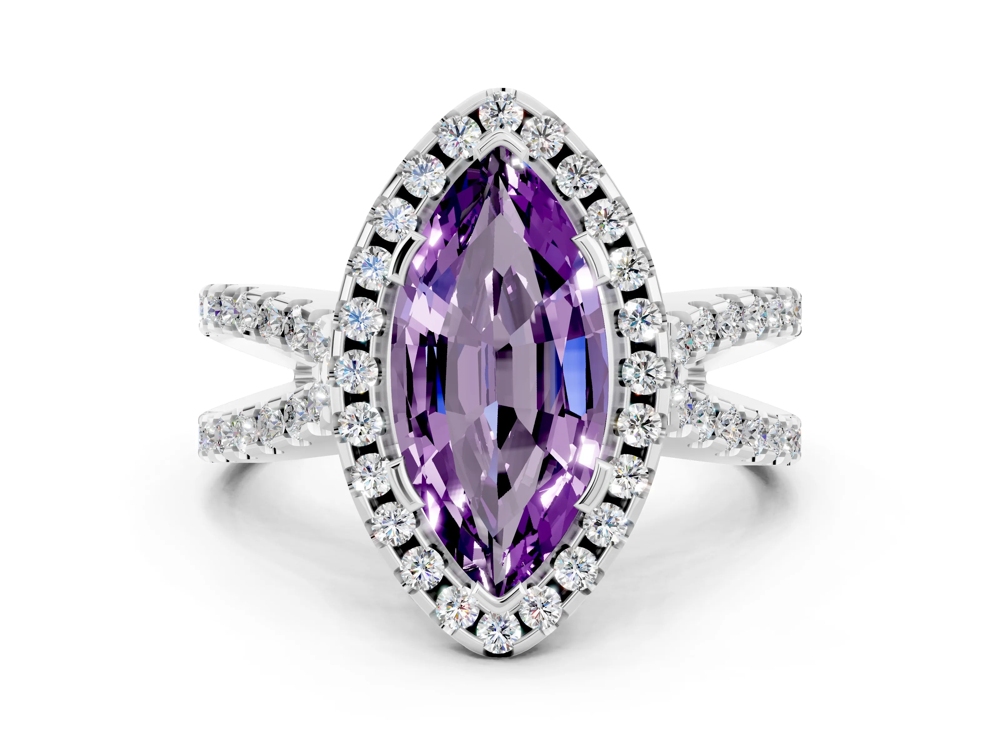 White gold Marquise Cut Amethyst Halo Ring with Split Shank Pavé Band and Prong Setting