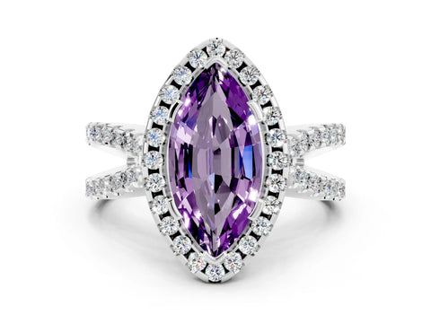 White gold Marquise Cut Amethyst Halo Ring with Split Shank Pavé Band and Prong Setting