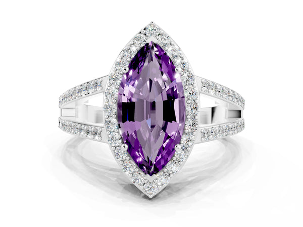 Platinum Marquise Cut Amethyst Halo Ring with Split Shank U-Prong Band and Four-Prong Setting