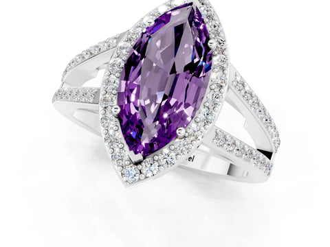 White gold Marquise Cut Amethyst Halo Ring with Split Shank U-Prong Band and Four-Prong Setting_1