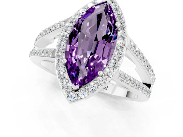 White gold Marquise Cut Amethyst Halo Ring with Split Shank U-Prong Band and Four-Prong Setting