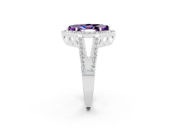 Platinum Marquise Cut Amethyst Halo Ring with Split Shank U-Prong Band and Four-Prong Setting