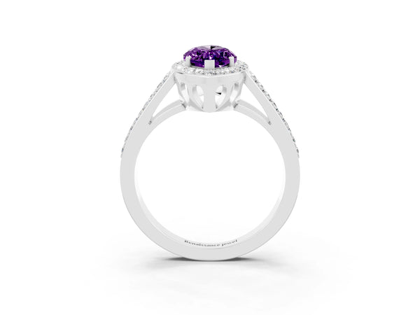 Platinum Marquise Cut Amethyst Halo Ring with Split Shank U-Prong Band and Four-Prong Setting