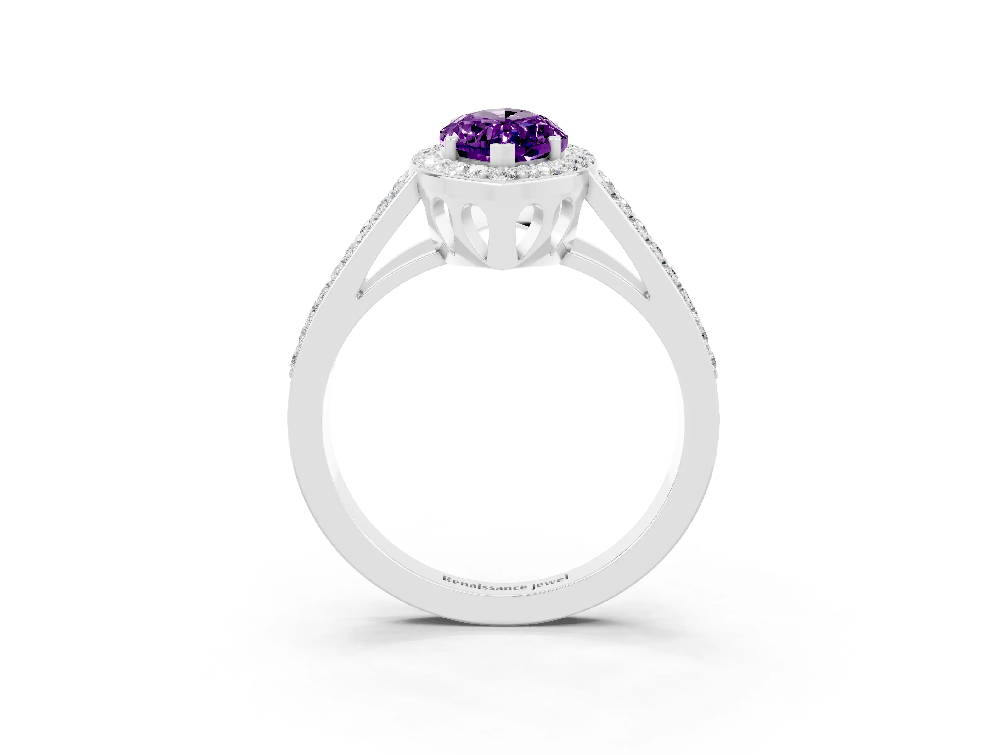 White gold Marquise Cut Amethyst Halo Ring with Split Shank U-Prong Band and Four-Prong Setting_3