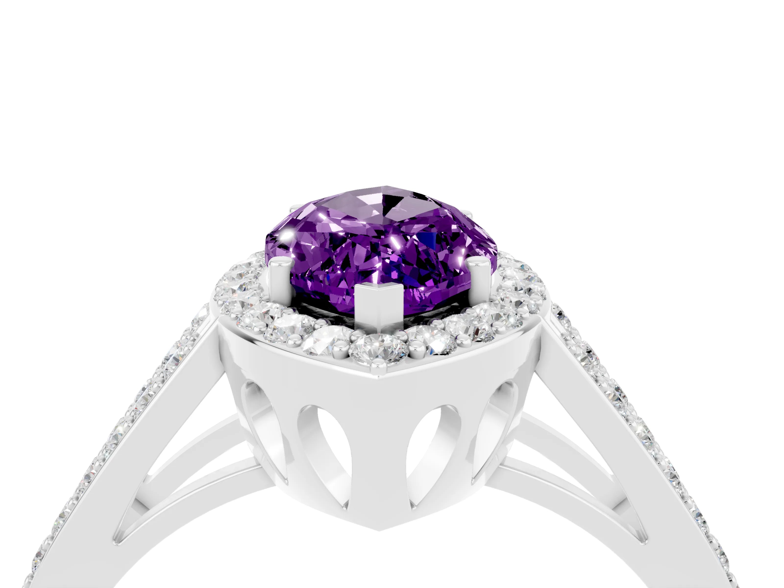 White gold Marquise Cut Amethyst Halo Ring with Split Shank U-Prong Band and Four-Prong Setting_4