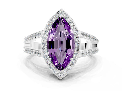 White gold Marquise Cut Amethyst Halo Ring with Split Shank U-Prong Band and Four-Prong Setting