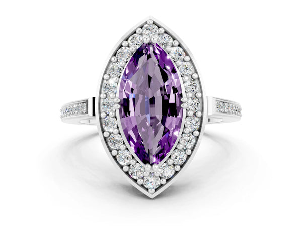 Platinum Marquise Cut Amethyst Halo Ring with Split Shank and Four-Prong Setting