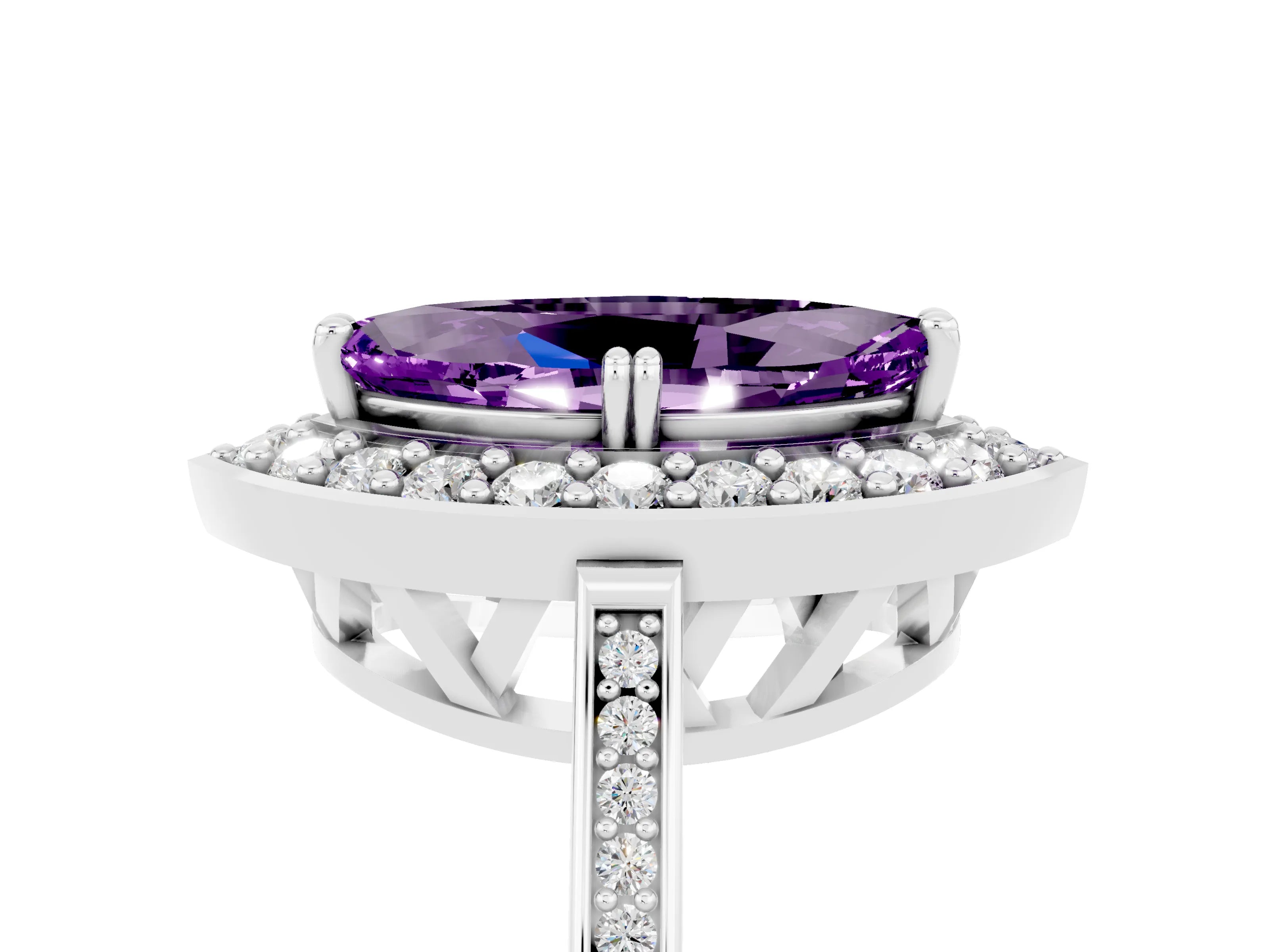 White gold Marquise Cut Amethyst Halo Ring with Split Shank and Four-Prong Setting_17