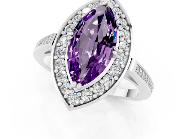 Silver Marquise Cut Amethyst Halo Ring with Split Shank and Four-Prong Setting