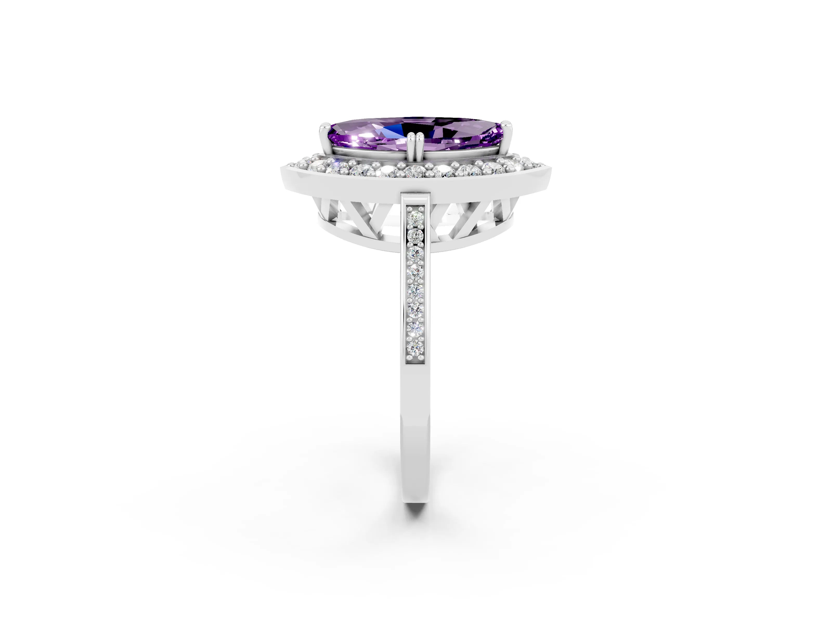 White gold Marquise Cut Amethyst Halo Ring with Split Shank and Four-Prong Setting_2