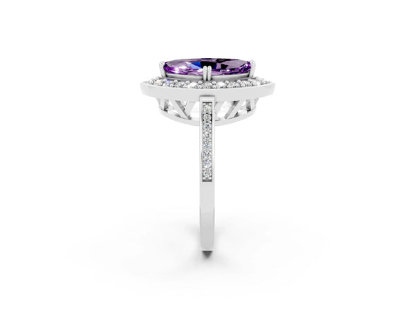 Silver Marquise Cut Amethyst Halo Ring with Split Shank and Four-Prong Setting