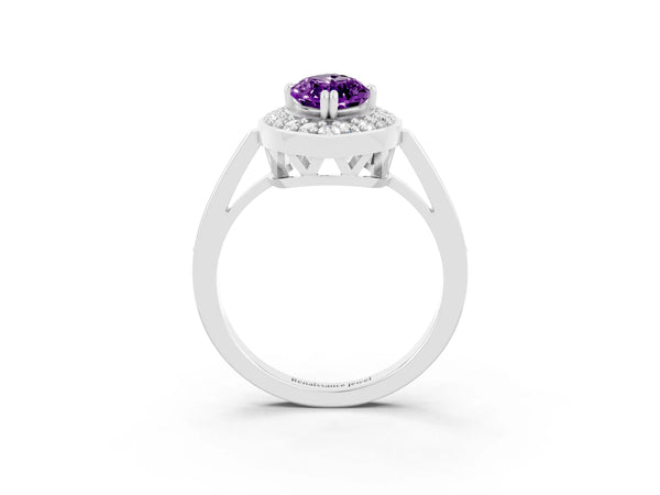 Platinum Marquise Cut Amethyst Halo Ring with Split Shank and Four-Prong Setting
