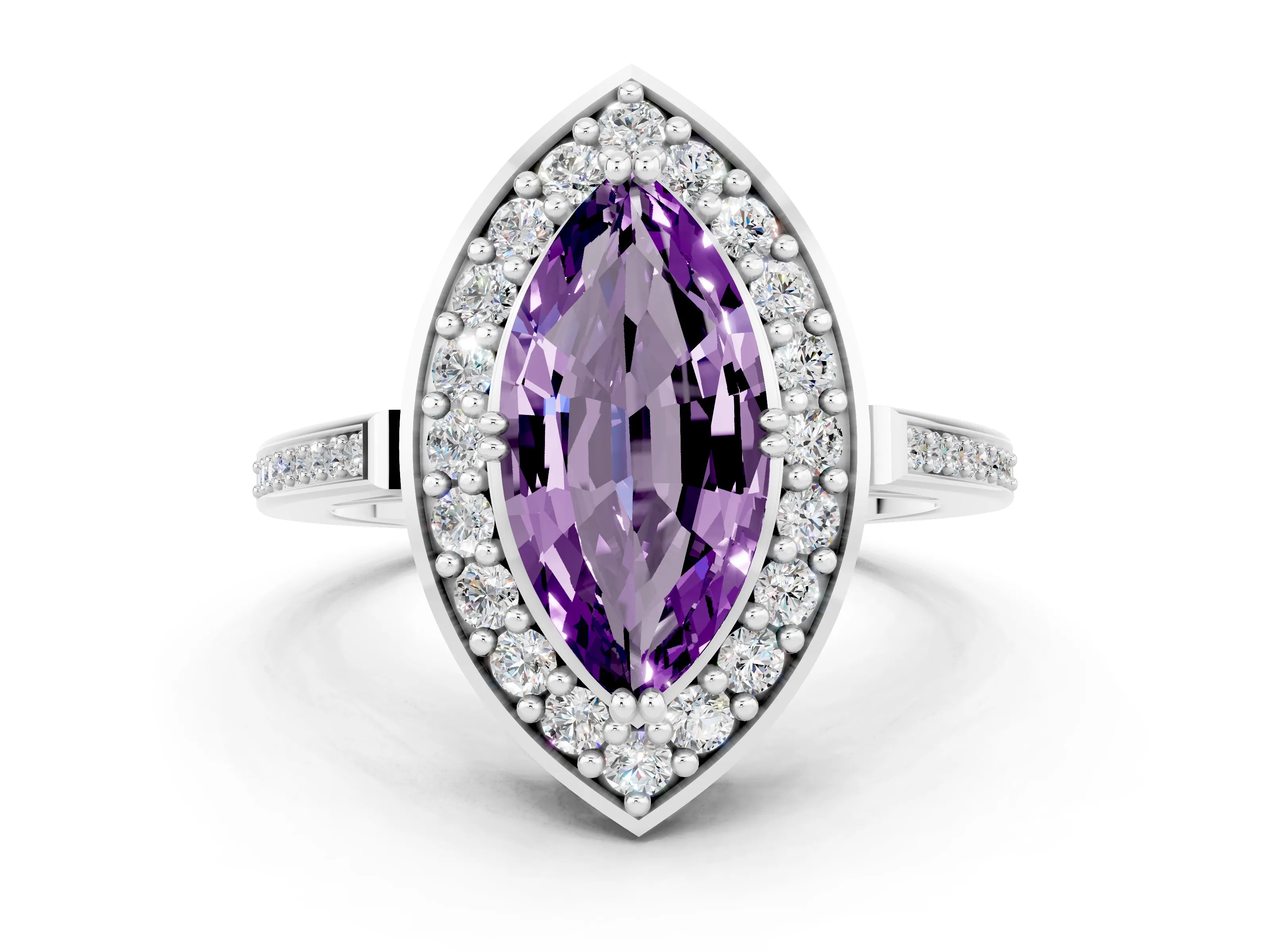 White gold Marquise Cut Amethyst Halo Ring with Split Shank and Four-Prong Setting